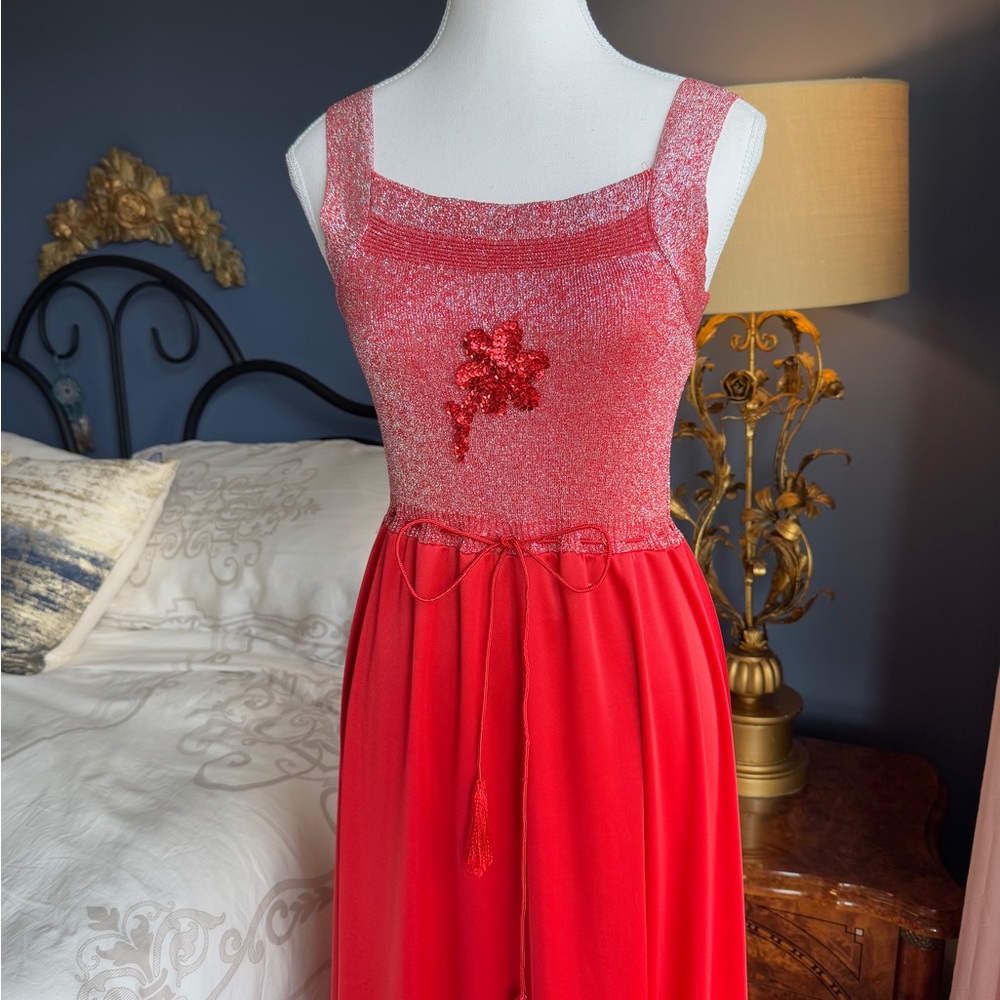 Vintage 70s Lurex Red Maxi Dress